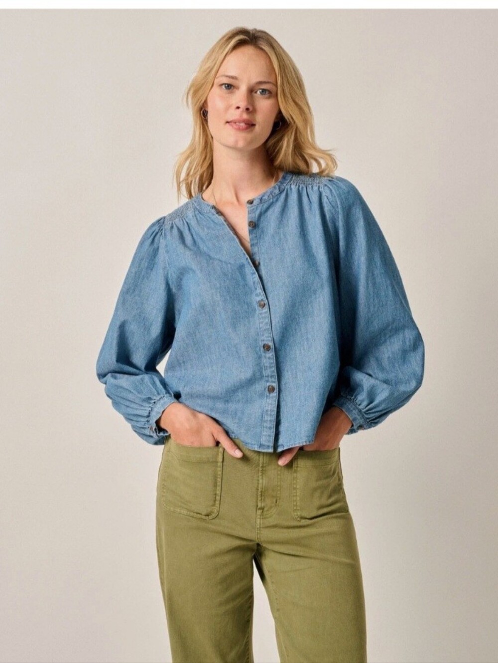 Johnnie-O Blair Chambray Puff Sleeve Office Casual Shirt Sz XL blue